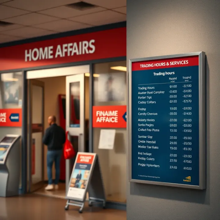 Informational board displaying trading hours and available services at Alberton Home Affairs