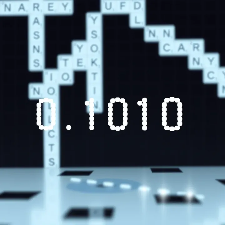 Diagram illustrating binary digits as a sequence of zeros and ones with a crossword grid in the background