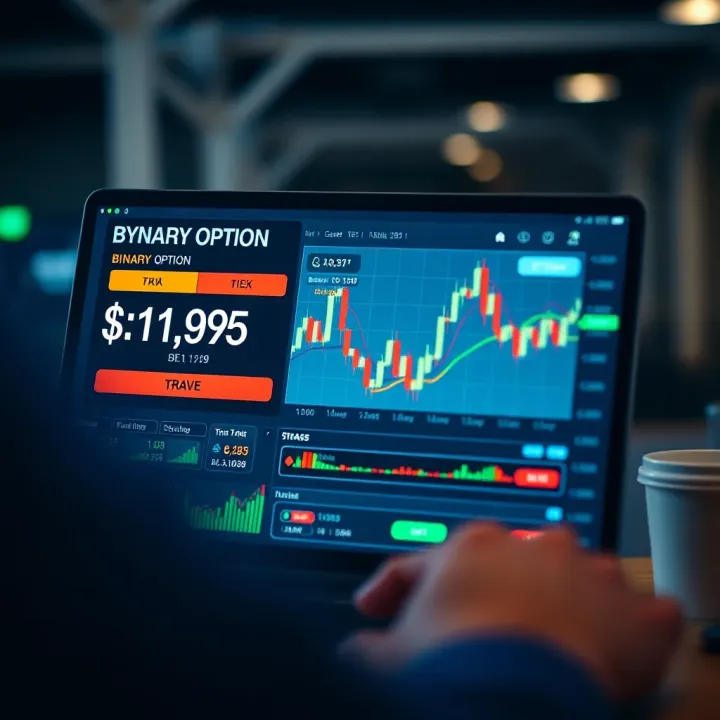 Illustration showing a simplified digital interface depicting binary option trading with price movement indicators and trade options