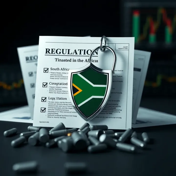 Illustration of financial regulation documents and a shield symbolizing protection in the South African market