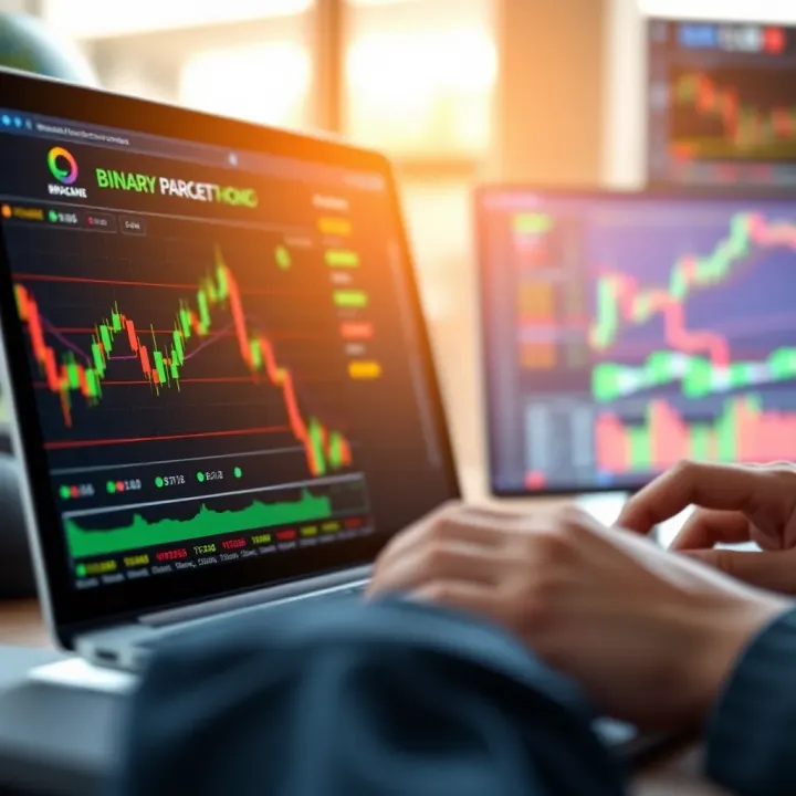 Illustration showing the interface of a binary options demo account with trading charts and virtual funds