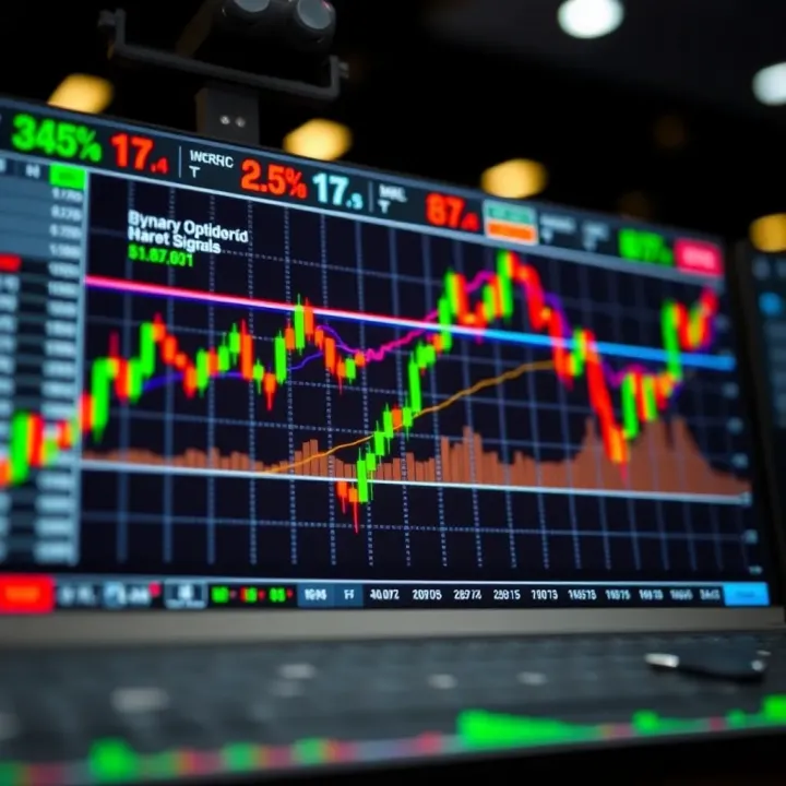 Graph illustrating binary options trading signals with trend indicators and market movements
