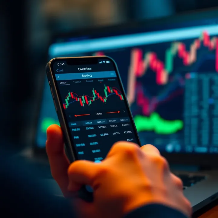 Mobile device displaying a binary trading app interface with charts and options for trade selection