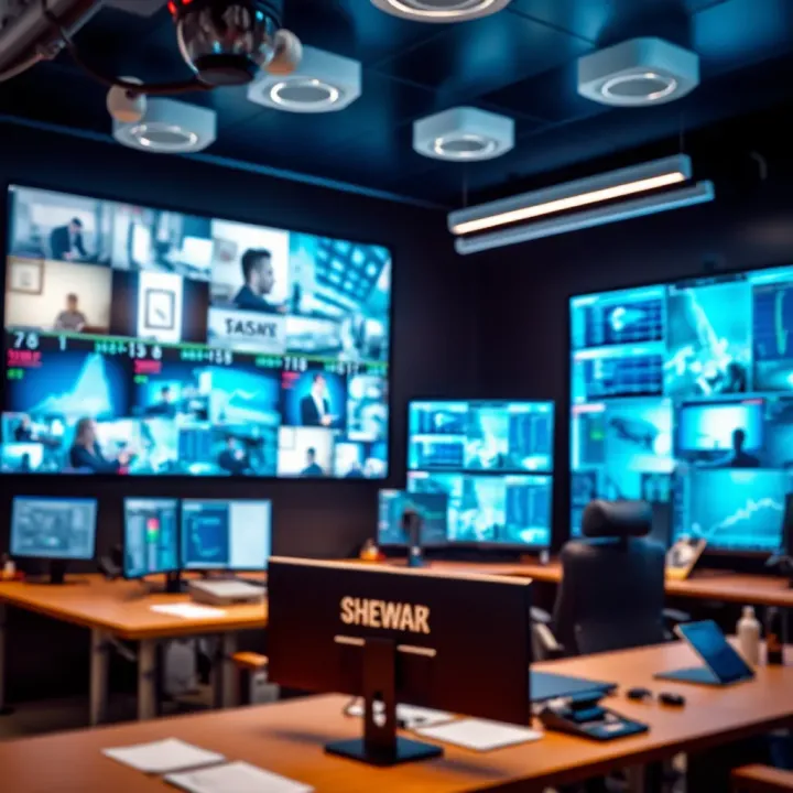 Security control room with multiple monitors showing surveillance and risk assessment activities