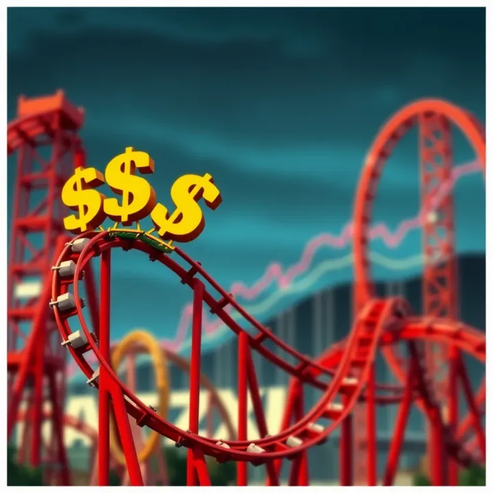 Cartoon style illustration showing a rollercoaster with currency symbols representing the volatile forex market ups and downs