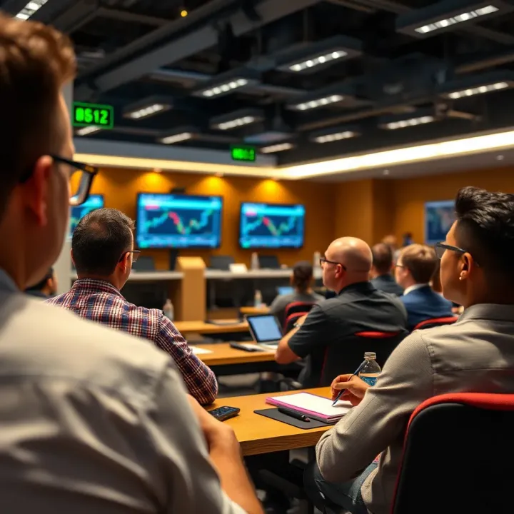 Classroom setting with participants engaging in forex trading seminar