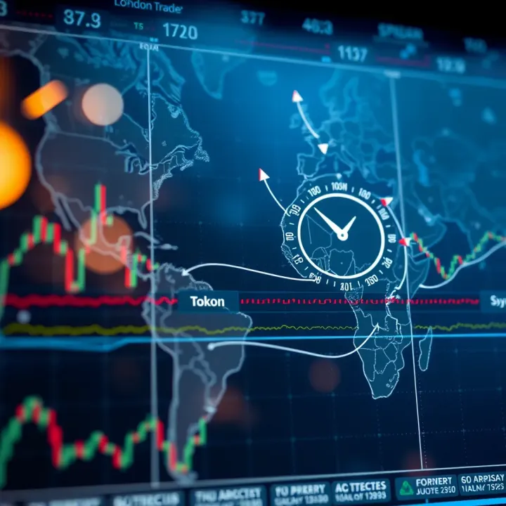 Global map highlighting major forex trading sessions with time zones for London, New York, Tokyo, and Sydney