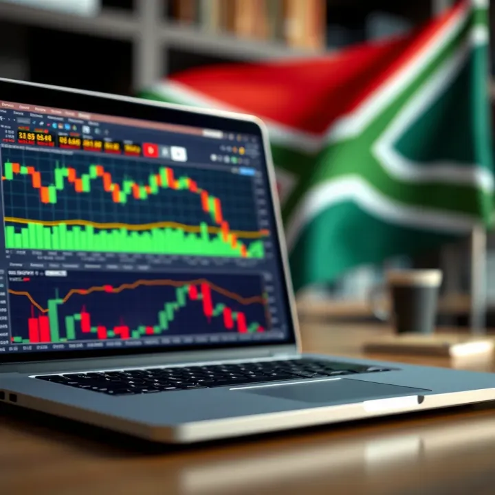 Illustration showing a laptop displaying forex trading charts with South African flag in the background