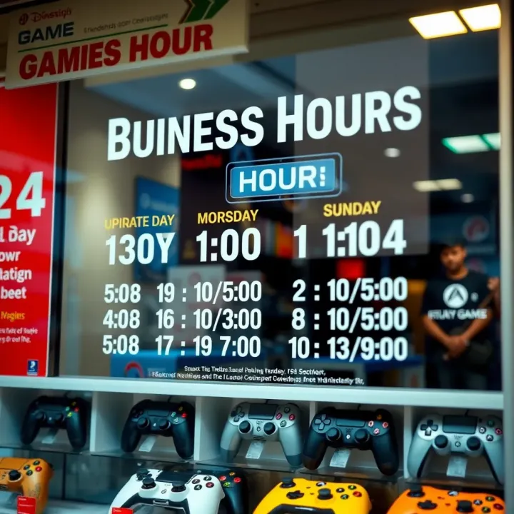 Business Hours Displayed on Game Store Front in South Africa Clock showing business hours on a storefront window with game controllers displayed
