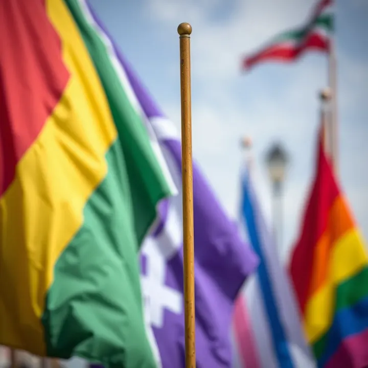 Colorful flag representing gender non-binary pride with diverse symbols