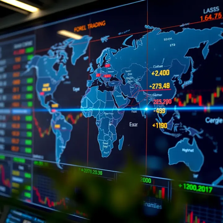 Global currency exchange rates displayed on a digital world map highlighting major financial centers