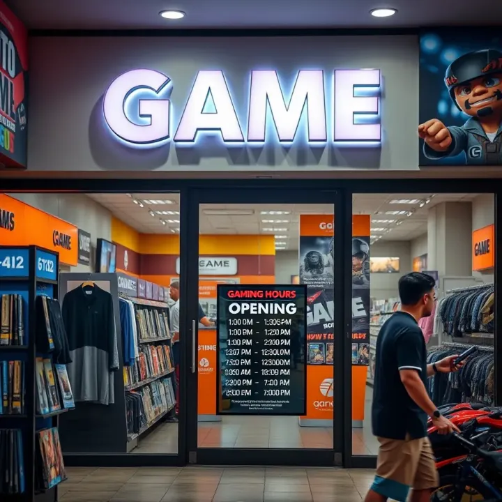 Entrance of Game store in Paarl with clear display of opening hours on the door