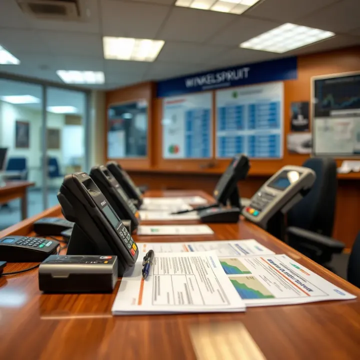 Desk with official documents and payment terminals used for licensing services at Winkelspruit office