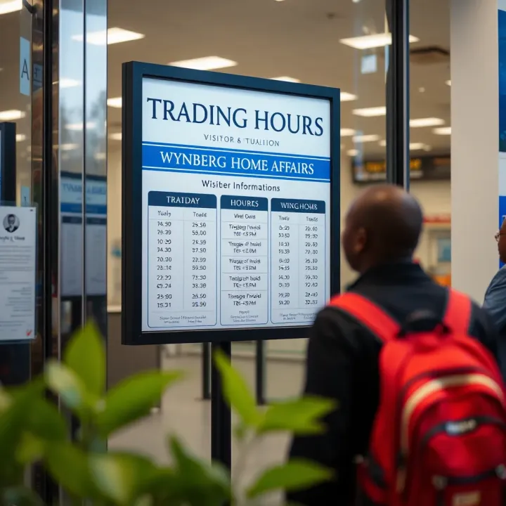 Information board displaying trading hours and visitor guidelines at Wynberg Home Affairs